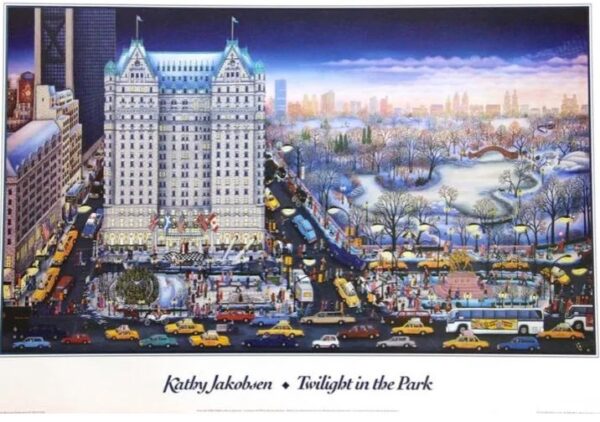 Art poster, “Twilight In The Park”, vintage artwork signed by Kathy Jakobsen